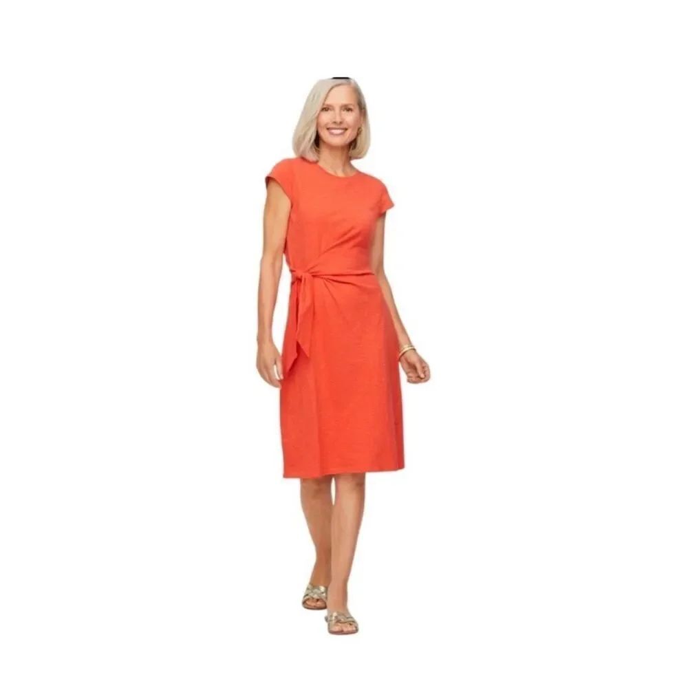 Talbots Bright Orange Tie-Waist caps sleeve midi Dress XL
